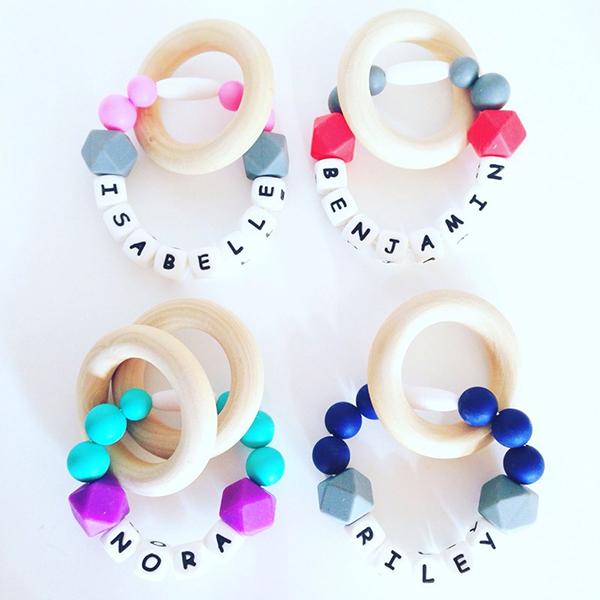 DIY Personalized Handmade Baby Name Silicone Teething Ring with Wooden Circle Beads BPA Free Safe Silicone Teether Toy Chew Beads