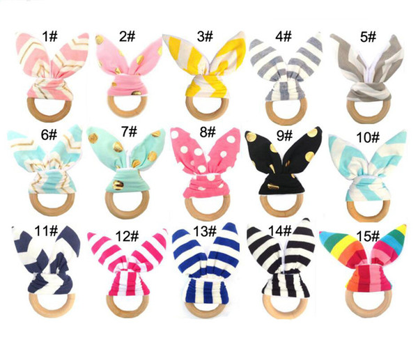 Newborn Baby Wooden Teether Safety Wood Circle Teething Ring With Rabbit Ear Cloth Teeth Practice Toys Training Child Chew Teethers Ring