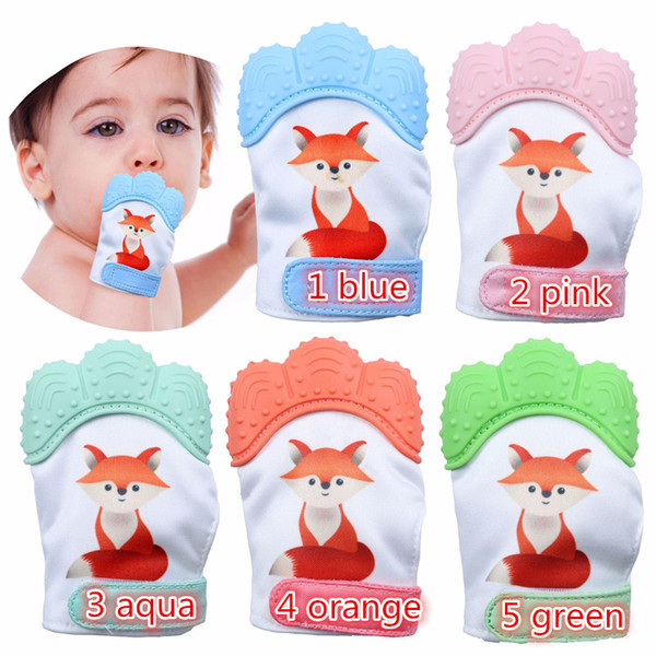 Baby Fox Print Silicone Teether Glove 5colors Newborn Pacifier Teething Glove Infant Nursing Chewable Mittens Open-fingered gloves