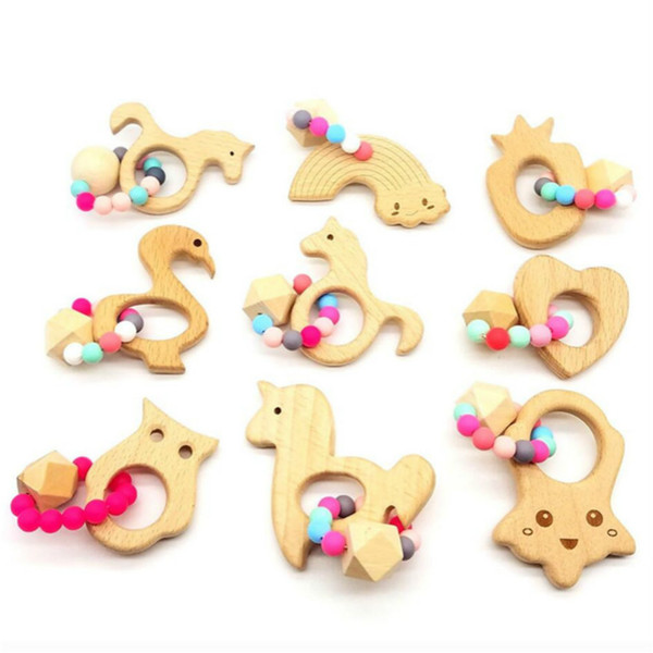 Infant Wooden Flamingo Unicorn Shape Teethers For Baby Kids Molar Pacifier Teething Training Toys Food Grade Beech Teether Toys DHL E3308