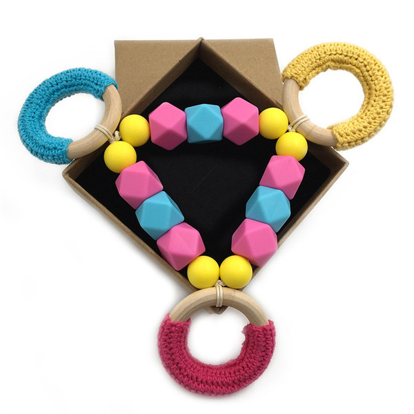 Natural Wooden Ring Teethers for Baby Health Care Accessories Infant Fingers Exercise Toys Colorful Beech Silicone Beaded Soother Z0487