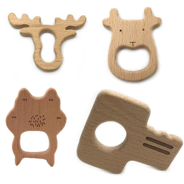 Wooden Teether Rings Natural Wood Teething Toys for Infant,Wooden Teether Animals for Toddler,Baby Soothing Pain Relief Toys