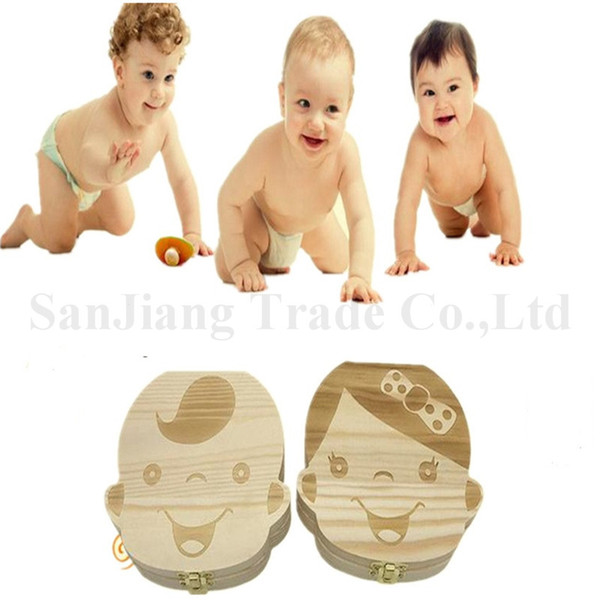 Spanish English Tooth Box for Baby Save Milk Teeth Boys Girls Image Wood Storage Boxes Kids Baby Tooth Case Creative Gifts Toys A122605