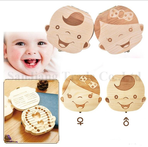 Newest Spanish English Baby Save Milk Teeth Box Boys Girls Image Wood Storage Boxes Kids Infant Tooth Case Creative Gifts 10 styles A122605