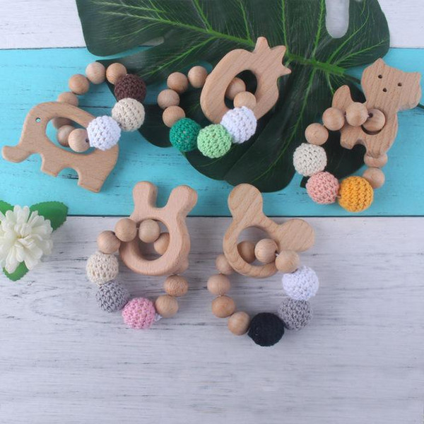 Natural Wooden Bead Ring Teethers Baby Health Care Accessories Infant Fingers Exercise Toys Safe Silicon Beaded Soother