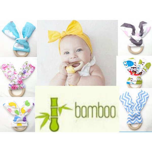 INS Handmade Baby Teethers 60 Colors Chevron Zigzag Natural Wood Circle With Rabbit Ear Fabric Newborn Teeth Practice Toys Training Ring