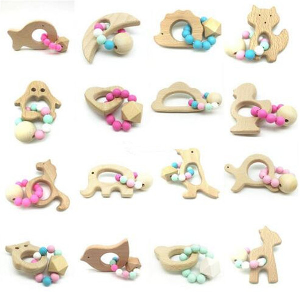 Baby Teether Rings Food Grade Beech Wood Teething Ring Teethers Chew Toys Shower Play Chew Round Wooden Beads B11