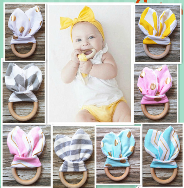 28 Styles INS Baby Teethers Natural Wood Circle Rabbit Ears Fabric Newborn Teeth Practice Toys Training Handmade Ring NC089