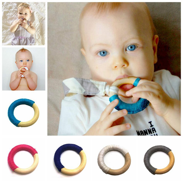 Handmade Natural Wooden Crochet Baby Infant Kids Teether Teething Ring Gift Toy Infant Wood Ring Teethers 8 Colors OOA3927