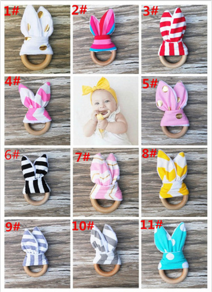 Ins Baby wood Teethers Rabbit Ears 15Colors Natural Wood Circle Bunny Soothers Newborn Teeth Practice Toys Training Handmade Rings R1629