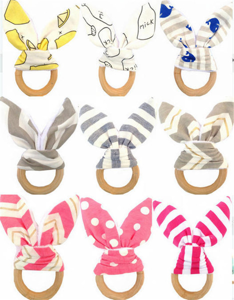 30 Colors Bunny Ear Infant Baby Teethers Teething Ring Fabric and Wood Nursing Teethers Crinkle Material Inside Sensory Toy Soothers