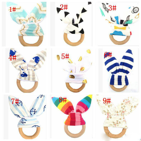 Wooden Teether INS Baby Wood Circle With Rabbit Ear Fabric Newborn Teeth Practice Toys Training Ring