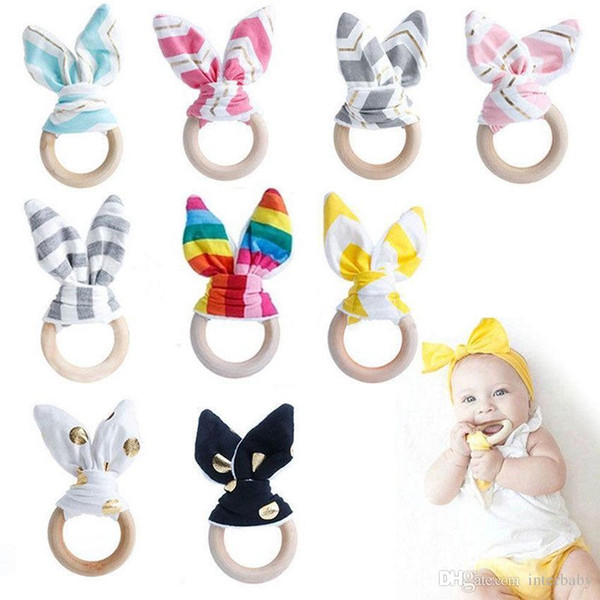 Baby Teeth Training Toys Gifts Baby Teething Ring Rabbit Ear Chew Teether Safety Natural Wood Teether Nursing Holder Bunny EarYFA225