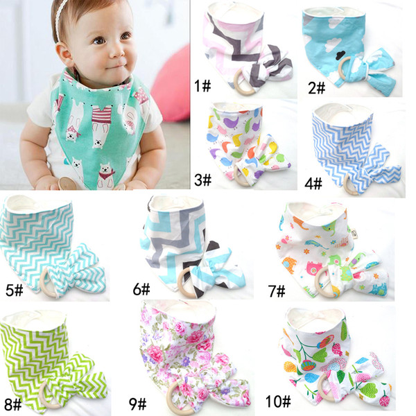 10 Styles New Baby Bibs+Teething Ring Teeth Stick 2pcs Sets 100% Cotton bamboo fiber Infant Bibs Teething Ring Wooden Teething Training