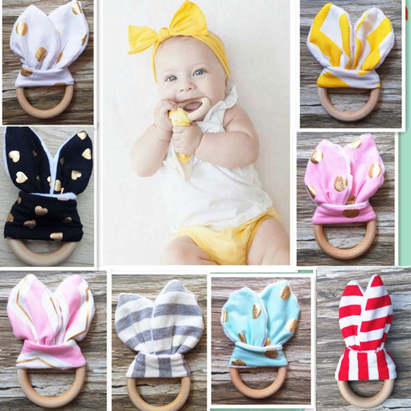 Baby Soothers Teethers New Natural Wood Circle Teeth Practice Toys Training With Rabbit Ear Fabric For Newborn INS Chevron Rings PX-T14