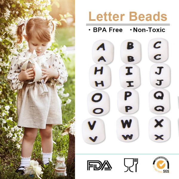 New 12mm Food Grade Silicone Alphabet Bands DIY Silicone Chewing Teething Necklace Teether Beads Letter Beads Pendants Accessories