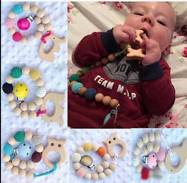 2018 Baby Infant Rainbow wood beads Teethers toddler Soothers baby Anti-off chain Teether Pacifier Clip Gifts