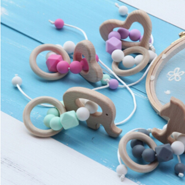 Baby Teething Bracelet Toy Small Animal Shaped Jewelry Teether For Baby Organic Beech Wood Silicone Beads Baby Rattle Stroller Accessories P