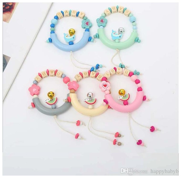 Baby Teether Rings Wooden Hand bell infant Chew Toys Newborn play Round Wooden Soothers Rattles