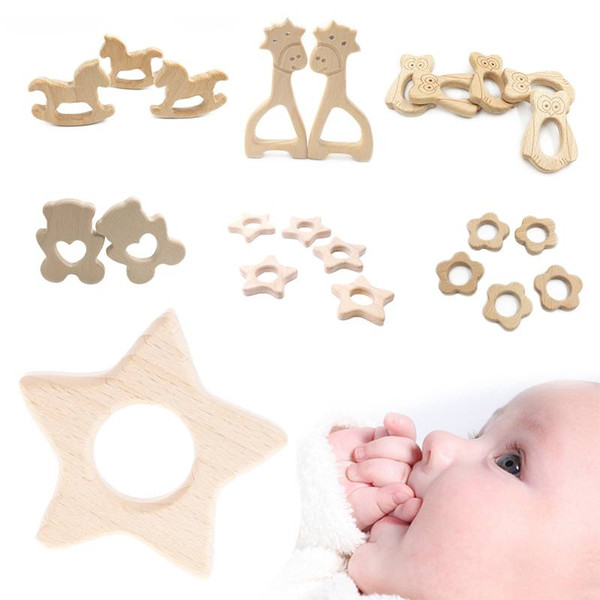 6 Pcs/Set new Cute Design Baby Teether Animal Shape Wooden Ring Safe Teething Shower Toy