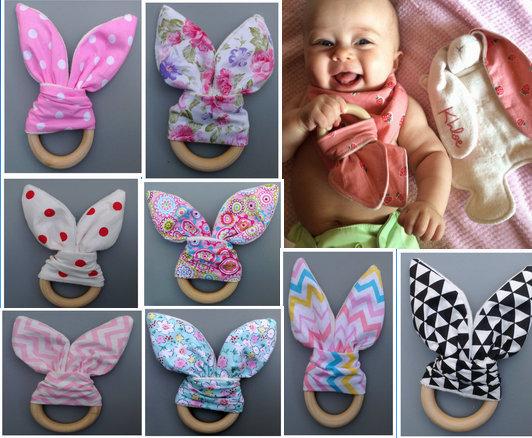 baby Teething Ring/Fabric and Wooden Teething training with Crinkle Material baby rabbit ear teether bell