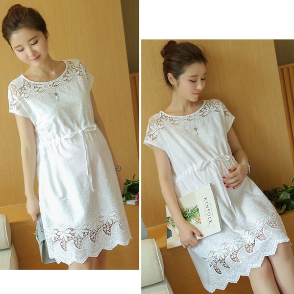 Maternity Clothes Fashion Summer New Arrival Hollow Lace White Dress for Pregnant Pregnancy Loose Temperament Plus Size Clothes