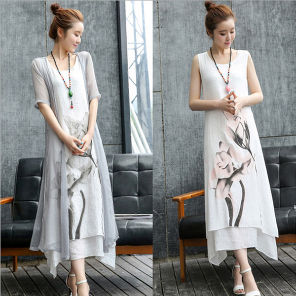 Two pieces dress female 2017 spring dresses summer lady new folk style in the long section of ink painting show thin linen dress