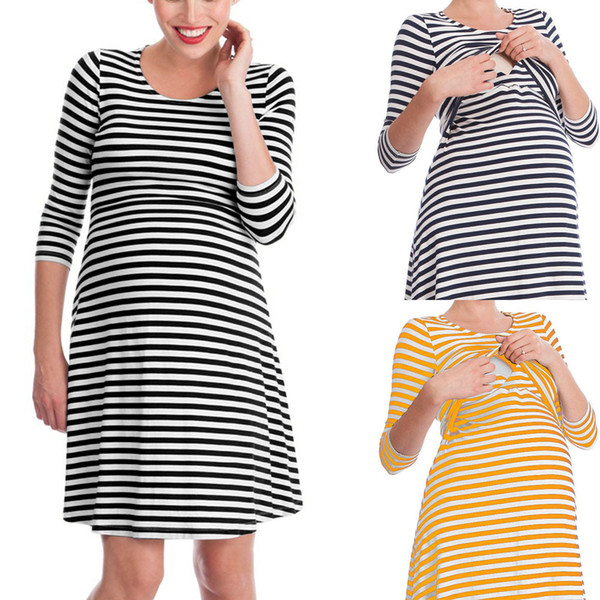 Loose Waist Maternity Dress Round-neck Cotton Striped Pregnant Women Breastfeeding Dress Elbow Knee-Length Pajamas