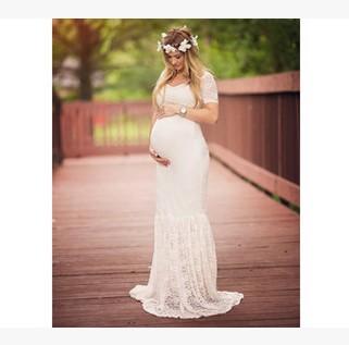 Pregnancy Maxi dress Maternity Photography Props Deep V-Neck Dress Lace White Maternity Dress