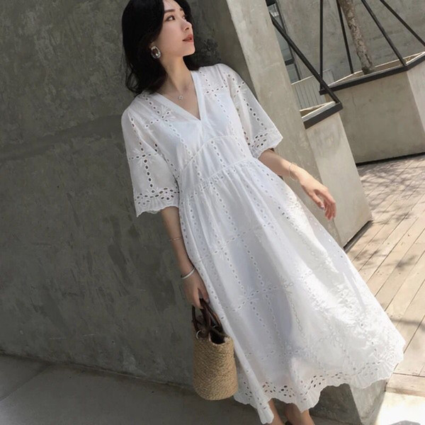 Maternity Dress Summer V-neck Cotton Lace Midi Dresses Pregnant Women Flare Sleeve Hollow Out Tea-Length Two-piece Suit Dress with Halter