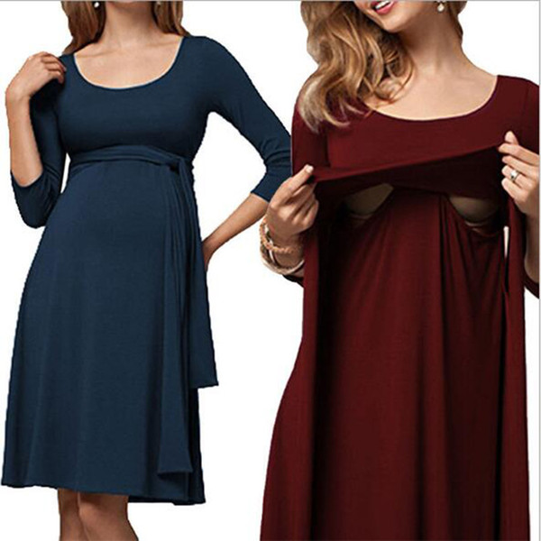 2018 European and American fashion maternity dress wrinkled long belt round neck breastfeeding dress loose waist Lactation clothes