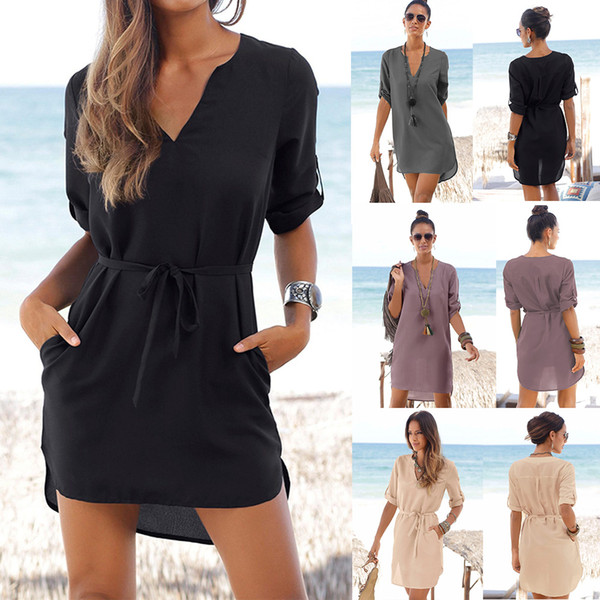 Solid Color V-neck Loose Chiffon Shirt Beach Dress Pregnant Women Asymmetrical Straight Skirt Maternity Knee-Length Dress