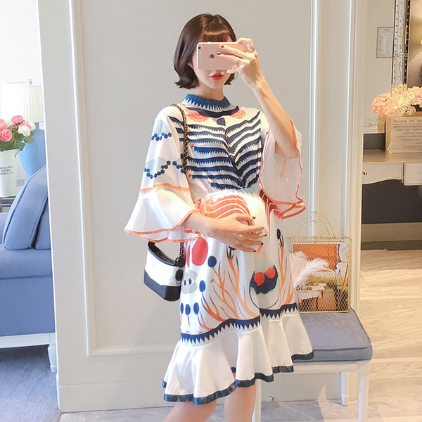 Maternity Dress Loose Flare Sleeve Empire Waist Embroidery Chiffon Pregnant Women Dresses Midi Flora Printed Trumpet / Mermaid Dresses