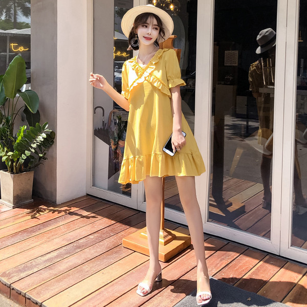 Maternity Lace A-line Beach Casual Dress Summer New Short Petal Sleeved Ruffled Cotton Pregnant Women Knee-Length Dress