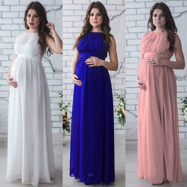 Maternity Cloth Photography Props High Waist Round Neck Solid Sleeveless Chiffon Large Size Long Casual Skirt Pregnant Maxi Dresses