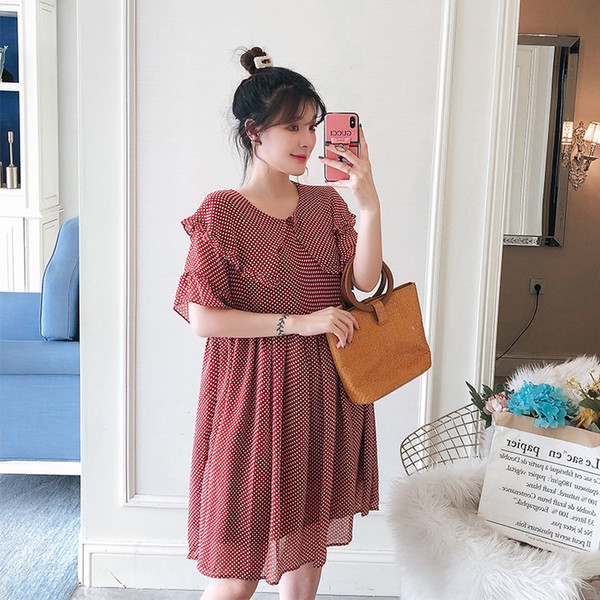 Dot Turn-down Collar Maternity Dress Summer Pregnant Women Pleated Chiffon Tiered Shirt Cap Short Sleeve Jacket Dress