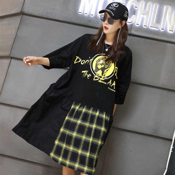 2019 spring new loose dress tide brand women's fashion loose printed stitching plaid long dress maternity dress long shirt mid-length skirt