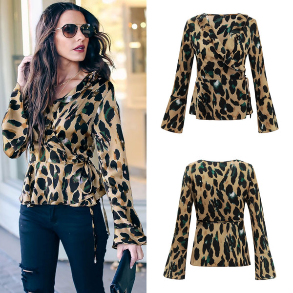 Women's Spring and Summer New Tie Leopard Print shirt V-neck Long Trumpet Sleeve Shirt Maternity tops and tee