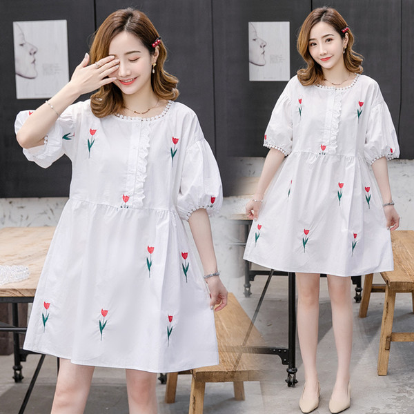 Maternity dress summer round neck half-sleeve new cotton rose embroidery doll skirt pregnant women dress