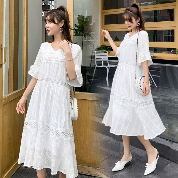 Pregnant Women Dress Maternity Summer Lace Vintage Midi Dresses Women A-Line V-Neck Half Flare Sleeve Skirt