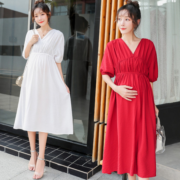 V-Neck Short Sleeve Style Pregnant Women Summer Loose A-Line Plus Size Casual Dress Maternity Midi Ruched Asymmetrical Dress