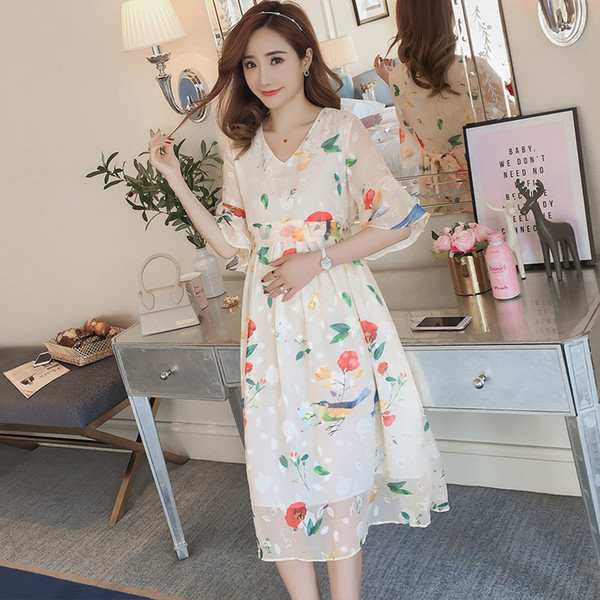 2019 New V-neck Maternity Dress Printed Chiffon Flare Sleeve Dress Pregnant Women Skirt High Waist Breastfeeding Dress