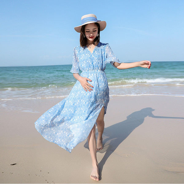 Maternity Cloth Pregnant Women Beach Dress Loose Plue Size Chiffon Floral Printed Dress Breastfeeding Pregnant Women Split Skirt