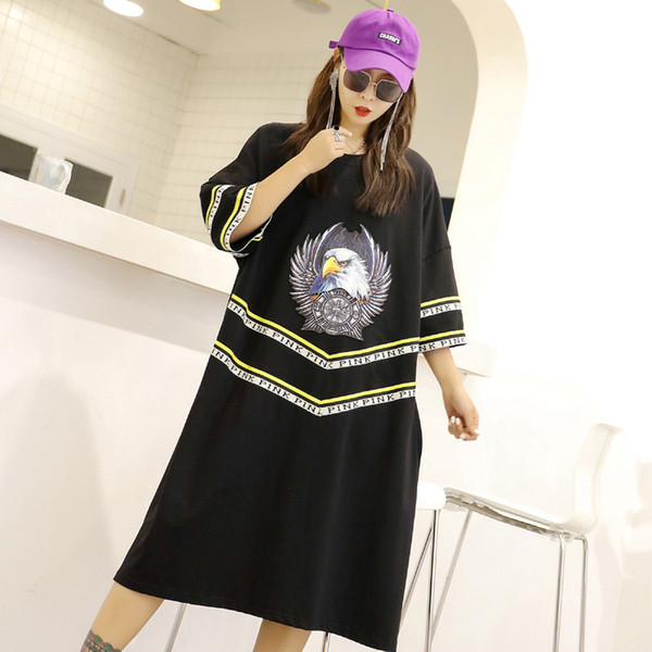 Large Size Women's 2019 Spring New Long Printed Dress Cool Street Fashion Romance Maternity Dress round neck mid-length skirt