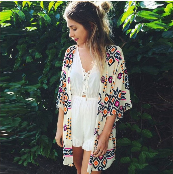 Summer Chiffon Rhomboids Pastoral Print Shirt Beach Clothing Beach Skirt Sunscreen Cardigan Maternity shirt