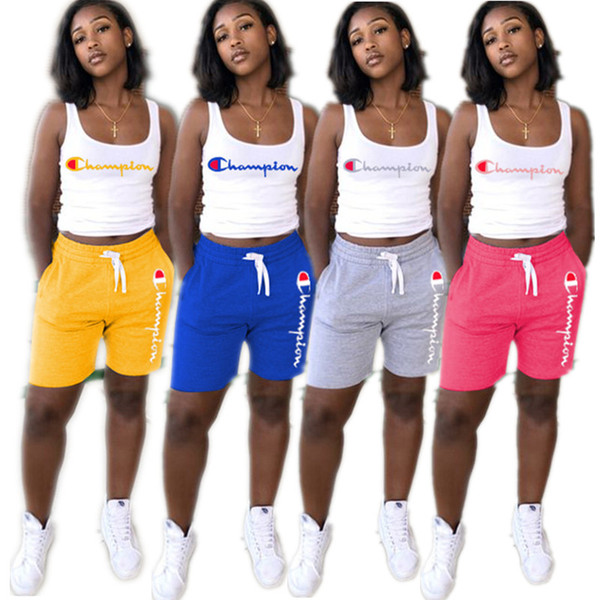 Women Outfit Champion Tank+ Shorts 2 Piece Set Summer Tracksuit Sleeveless Joggers Sportswear Sports Yoga Gym Suits A4801 S-3XL