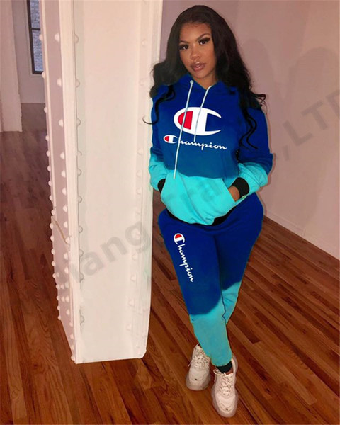 Women Champions Letter Hoodie Pants Tracksuit Contrast Color 2pcs Sweatsuit Hooded T shirt Pullover Outfit Sportswear Suits Cloth set A3161