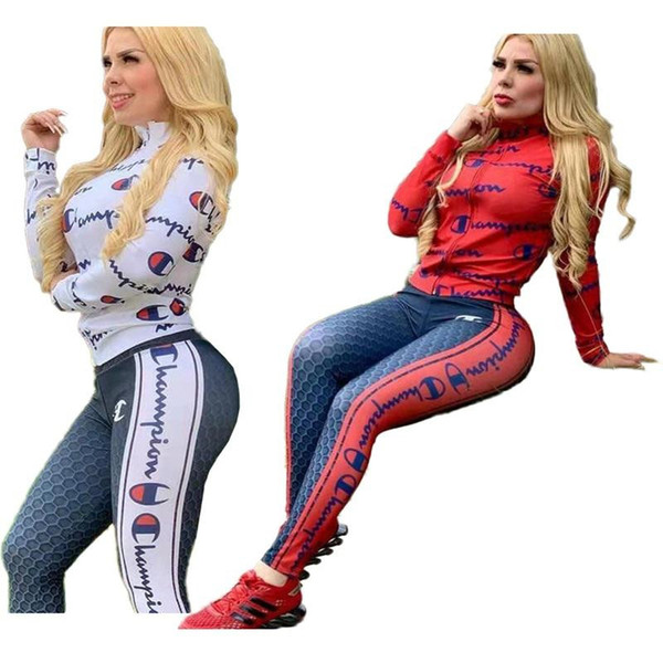 Women Champion Letter Outfits Long Sleeves Jacket Tight Legging Pants Tracksuit Brand Zipper Tops Sportswear Autumn Two Piece Sets A12182