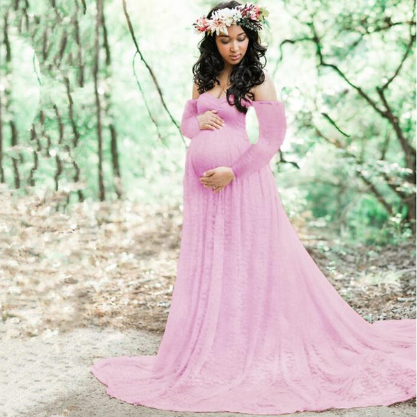 Maternity Lace+Cotton Dress Photography Props Long Sleeve Fashion Women Gown Dresses Trailing Style Baby Shower Dress Plus Size