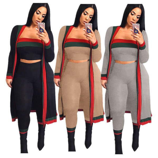 3pcs/Set Women Coat Tracksuit Long Sleeve Striped Coats Outwear + Bra Crop Top + Pants Leggings Outfits Autumn Designer Sportswear Suit S-3X